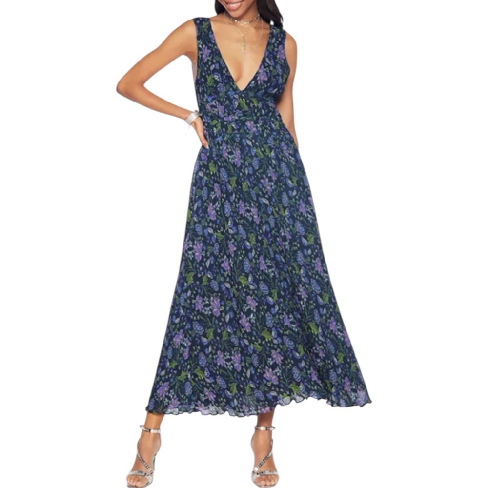 NWT RAMY BROOK Navy Floral V-Neck Pleated Detail Lined Dress Size Large